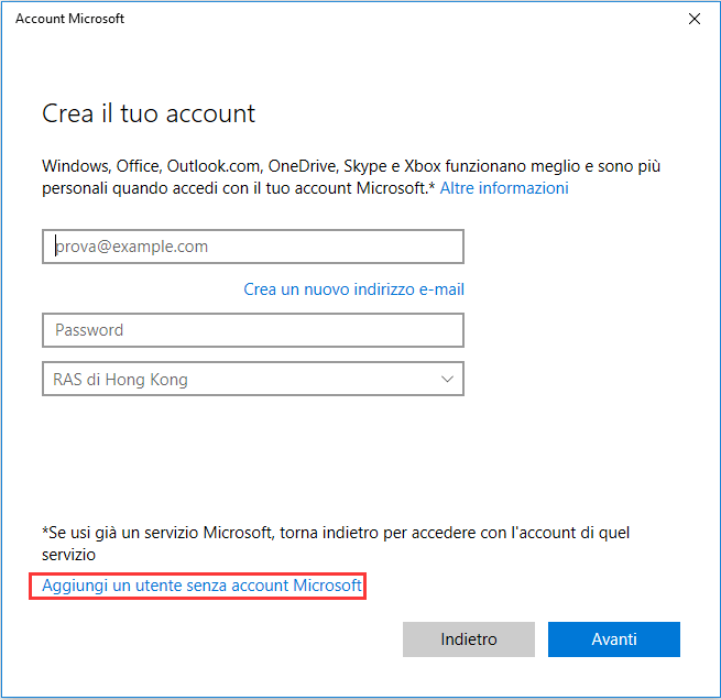 creare un nuovo account utente senza Microsoft