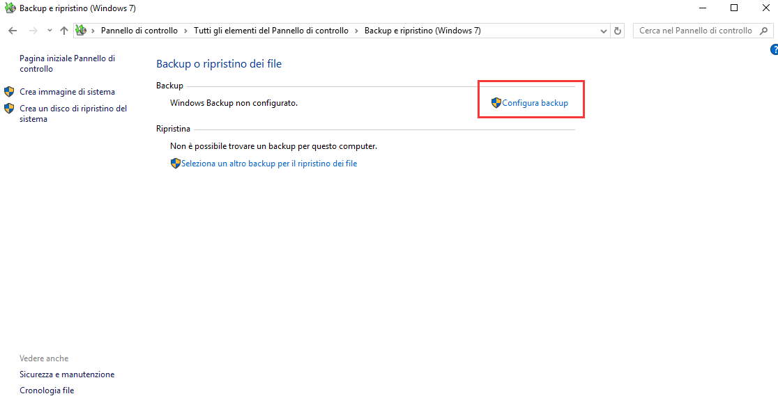 fare clic su Set up backup per copiare i profili utente