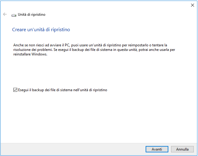creare unità di ripristino