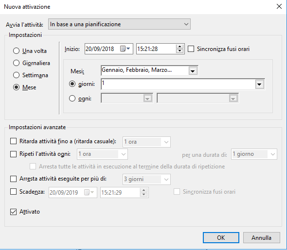 impostare l'attivazione