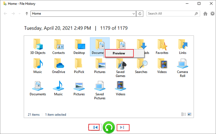 visualizzare anteprima in File History backup