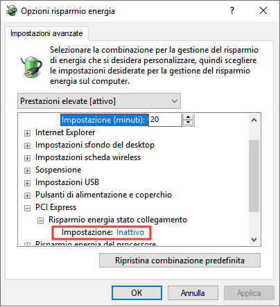risolvere schermata blu mentre gioco modificando le impostazioni di risparmio energia