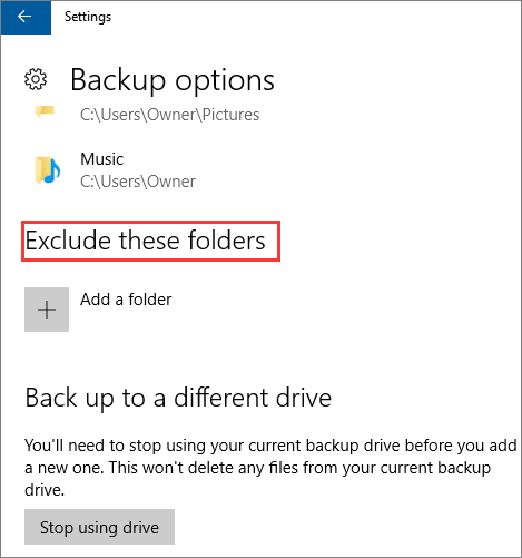 escludere cartelle per backup