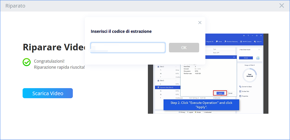 Inserisci il codice di estrazione, scarica il video riparato