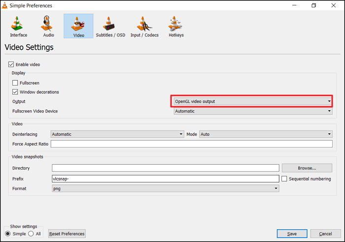 preferenze vlc opengl