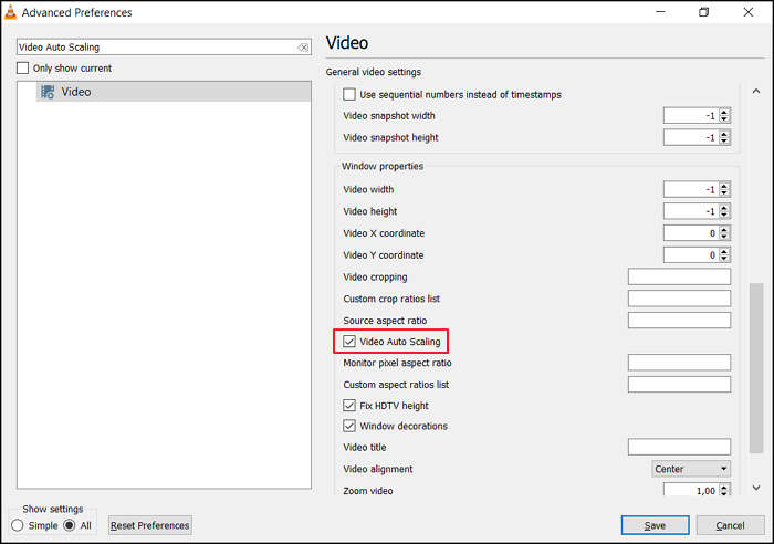 vlc clicca ridimensionamento automatico
