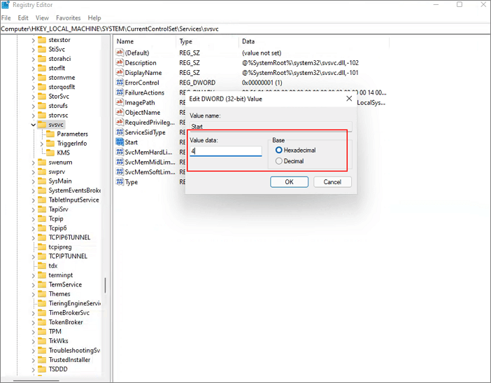 imposta il valore su 4