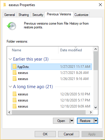 appdata ripristinare alla versione precedente