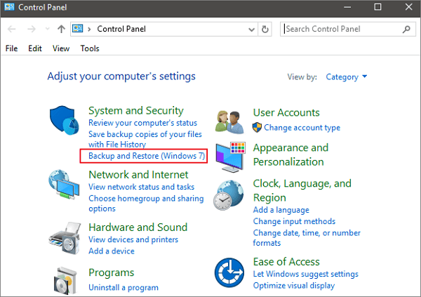 fare clic su backup e ripristino