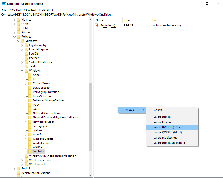 Crea OneDrive chiave in Editor del registro di sistema