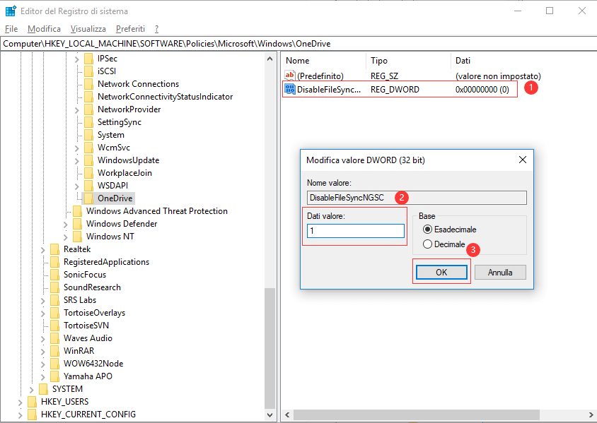 Disattiva OneDrive in Editor del registro di sistema
