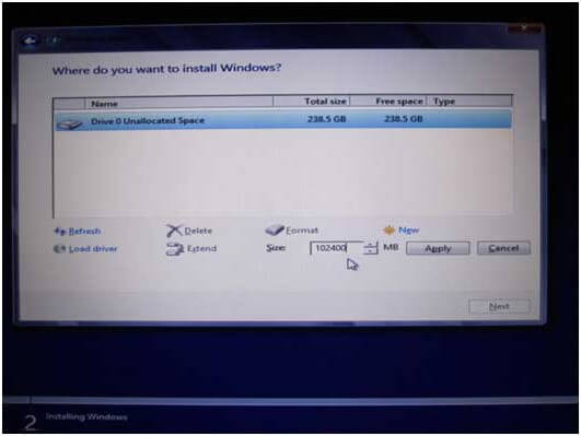 inserire la dimensione della partizione