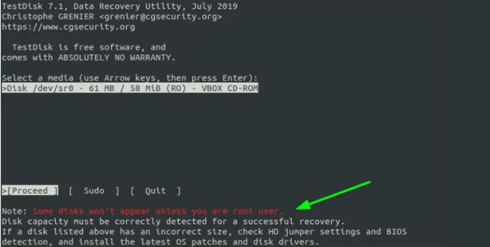interfaccia principale di testdisk