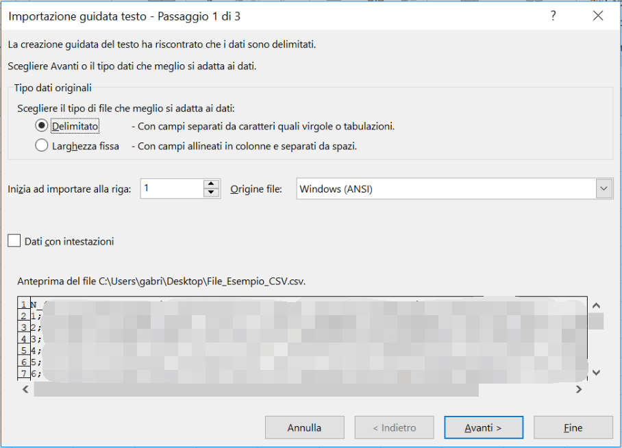 importare file csv in excel - step 2