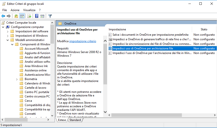 Aprire OneDrive in Editor Criteri di gruppo locali