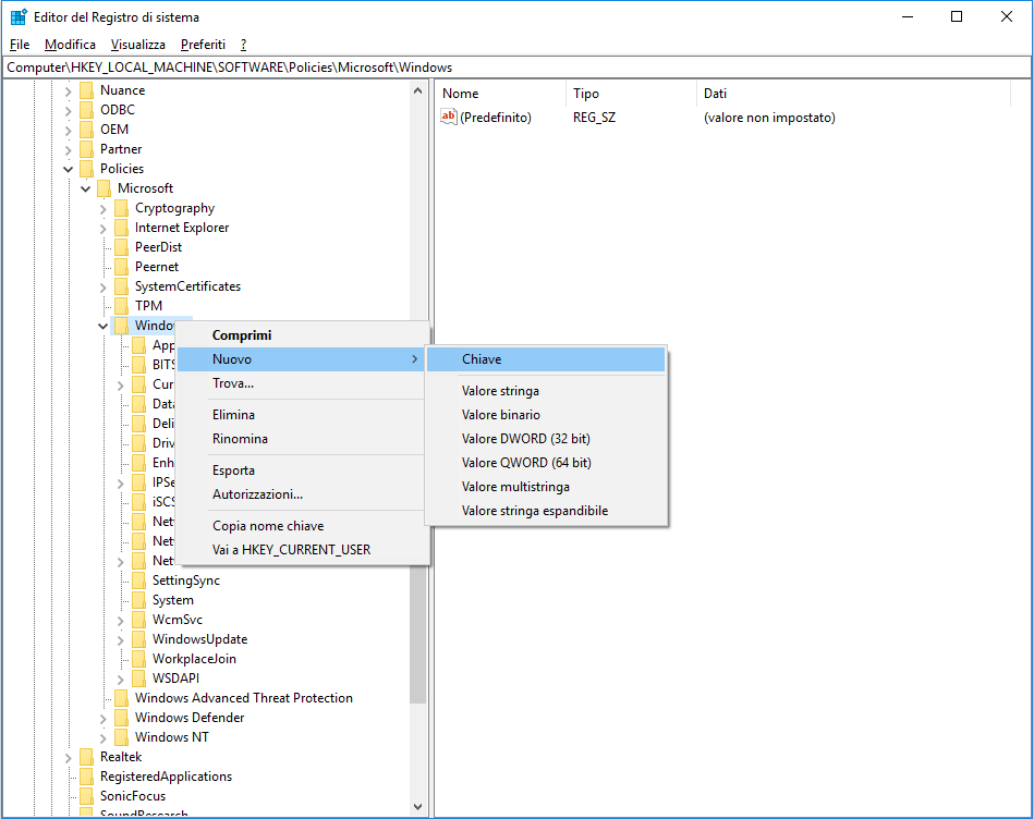 Aprire Editor del Registro di sistema