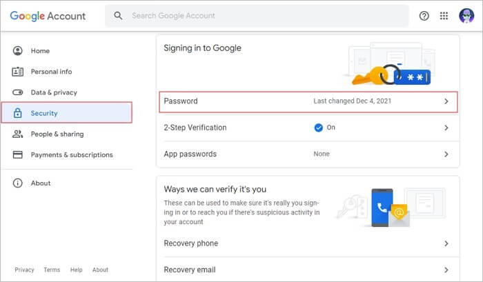 selezionare l'opzione password
