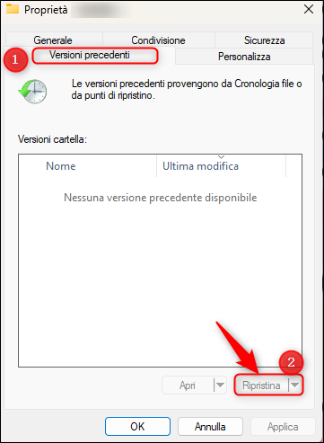 Recuperare la cartella tramite Versioni precedenti