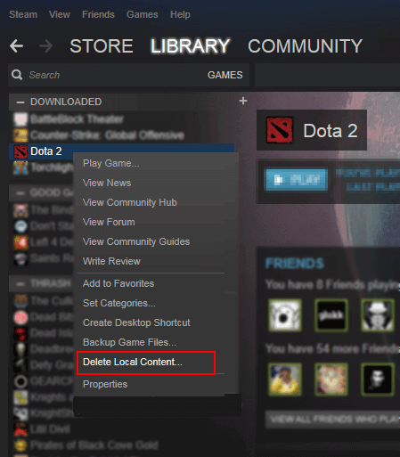 Elimina il contenuto locale dei giochi Steam.