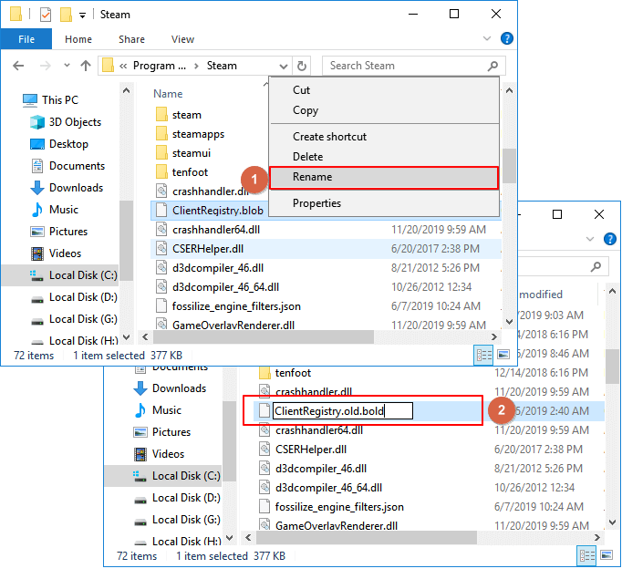 Rinomina il file del client Steam per ripristinare i giochi mancanti.