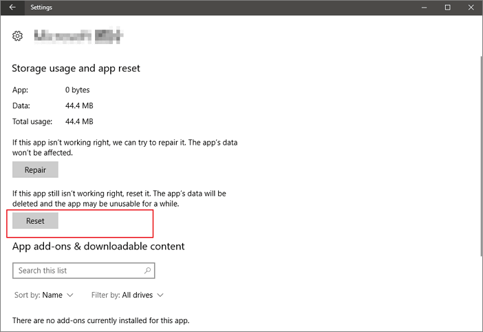 reimpostare l'app Foto per correggere il valore non valido per il registro - passo 2