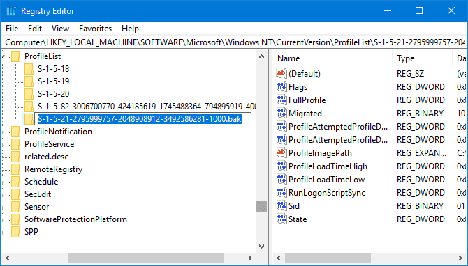 Rinomina i file .BAK per ripristinare il profilo utente eliminato.