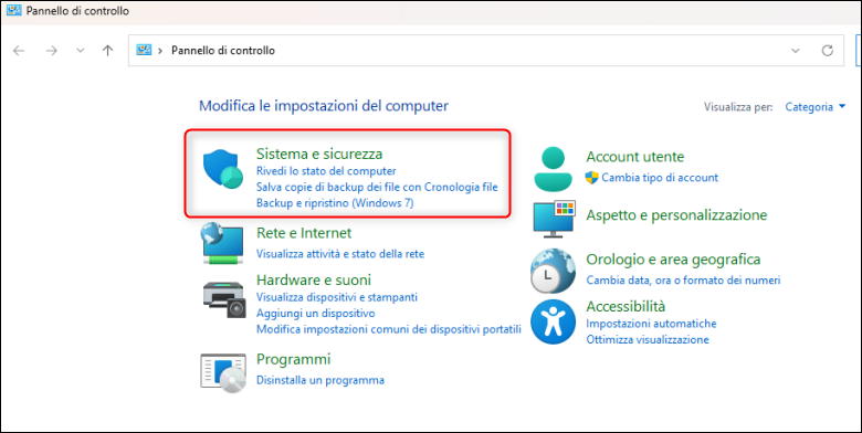 Accedi a Sistema e sicurezza