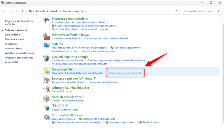 Ripristina file con Cronologia file