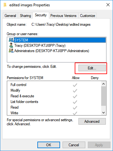 Modifica il permesso di accesso alla cartella
