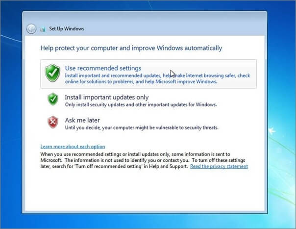 utilizzare le impostazioni consigliate di Windows 7