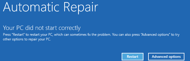 Ciclo di riparazione automatica in Windows 10 - Il tuo PC non si è avviato correttamente
