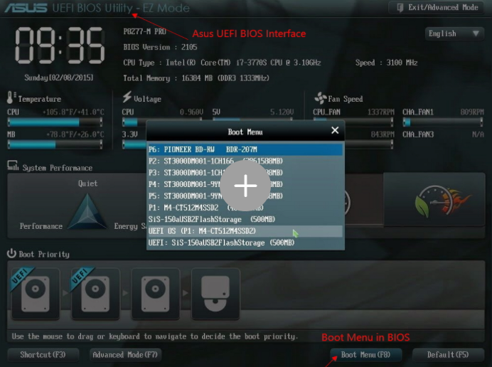 menu di avvio di asus uefi