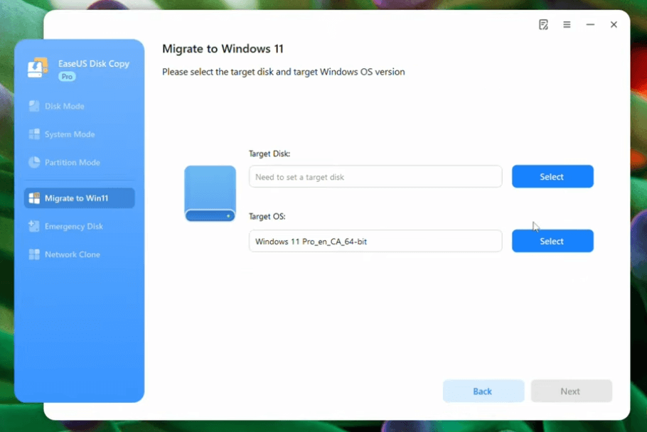 Seleziona il disco di destinazione e la versione del Windows