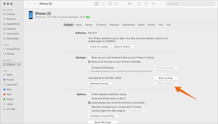 ripristinare il backup