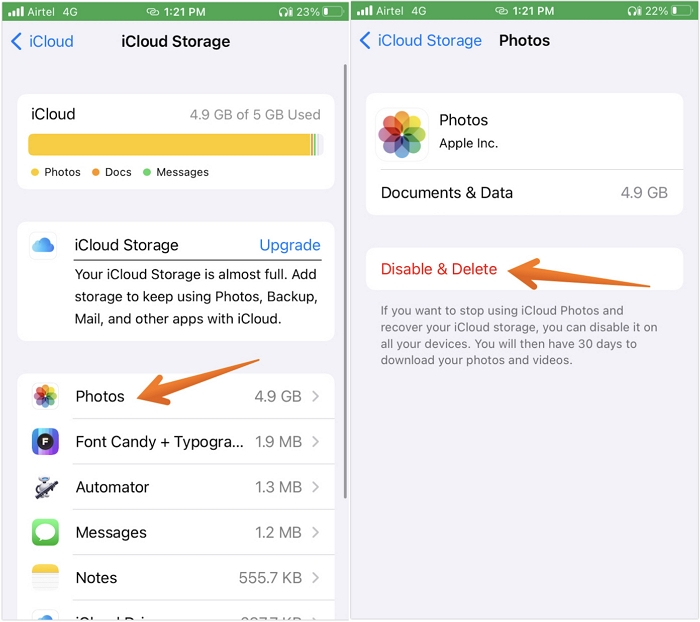 seleziona l'opzione di eliminazione delle foto di icloud