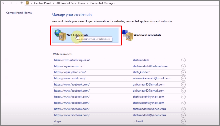 clicca su credenziali web