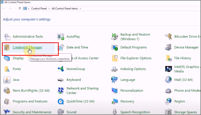 vai su gestione credenziali
