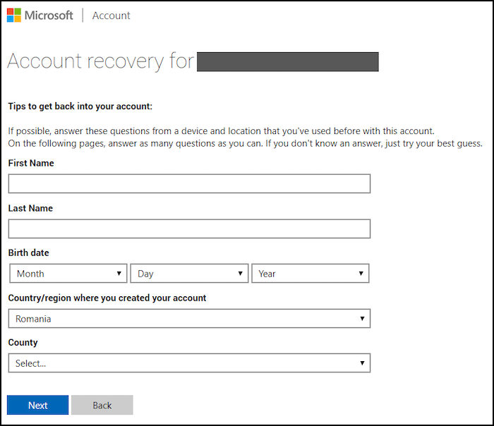 modulo di recupero dell'account microsoft