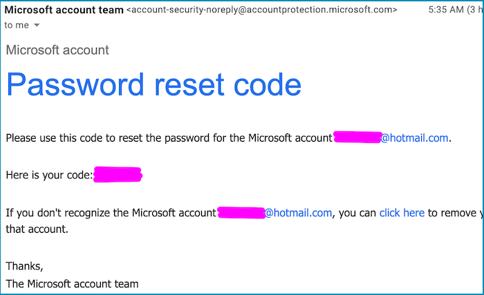 codice di reimpostazione password microsoft