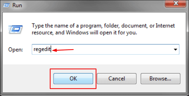 digitare regedit sulla casella