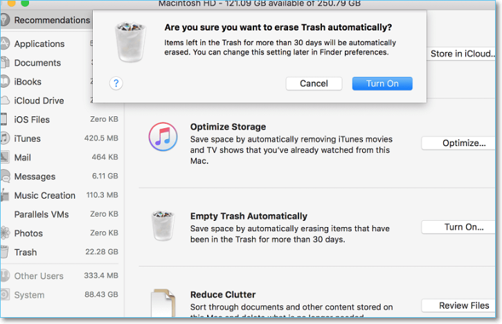Fai clic su Attiva per svuotare automaticamente il cestino