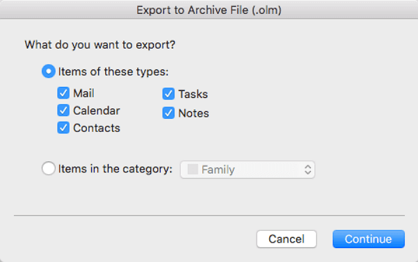 Eseguire il backup di Outlook 2016 su Mac esportando i file olm.