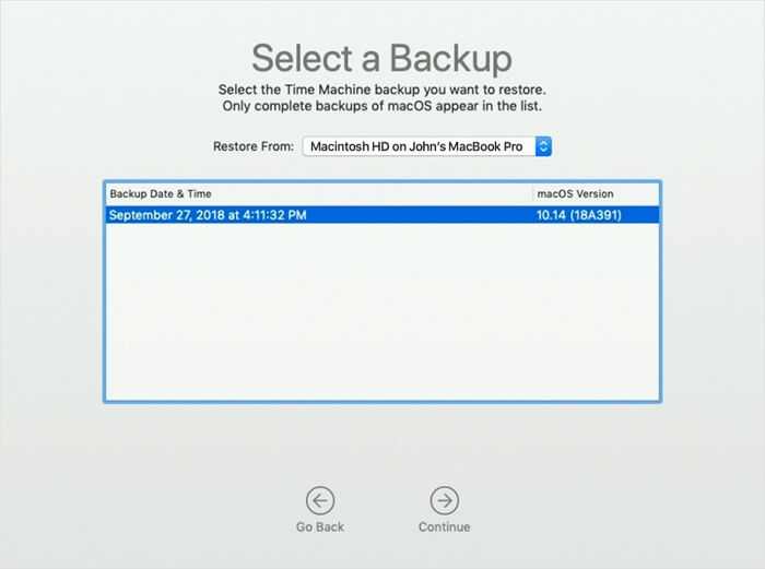 Seleziona Backup per data