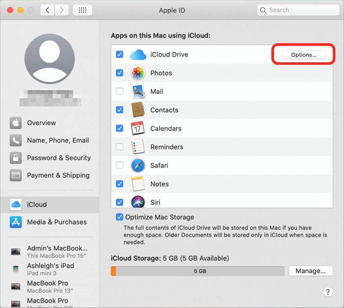 Opzioni di iCloud