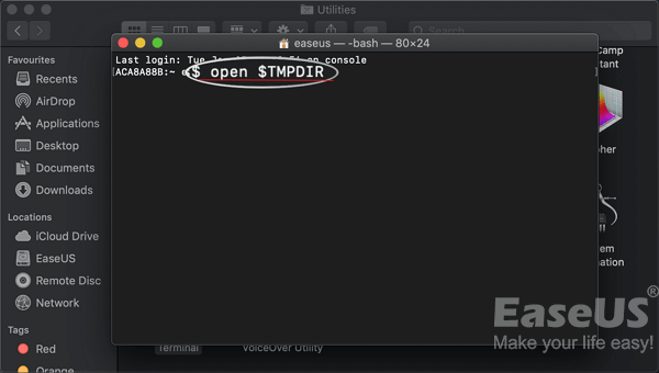 Digita il comando in Terminale per trovare la cartella TemporaryItems