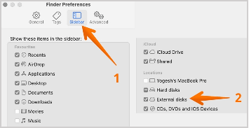 Fai clic su Dischi esterni nella barra laterale delle preferenze del Finder