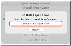 Scegli la partizione per installare opencore