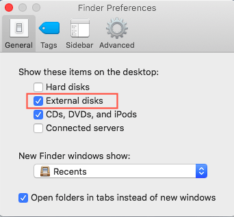 Seleziona Dischi esterni nelle Preferenze del Finder