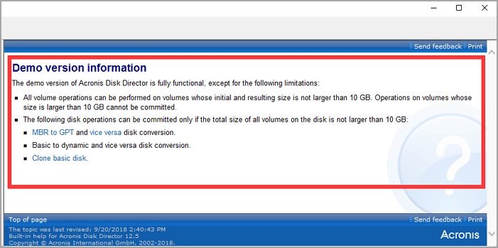 limitazione della demo di acronis disk director