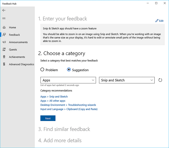 selezionare la categoria del tuo feedback